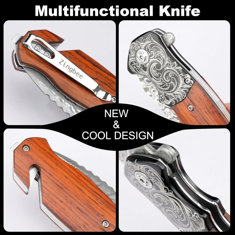 Zingbee Pocket Knife with Glass Breaker, EDC Damascus Folding Knife with Seatbelt Cutter, 3.35" VG10 Damascus Steel Blade Multitool Pocket Knives with Wood Handle - Image 2